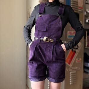 Vintage 90s Purple Suede Shortalls | Bib Overalls | Jewel Tone | M–L